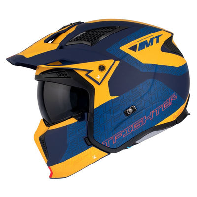 CASQUE TRIAL MT STREETFIGHTER SV TOTEM C3 BLEU/JAUNE MAT SIMPLE ECRAN TRANSPARENT TRANSFORMABLE AVEC MENTONNIERE AMOVIBLE