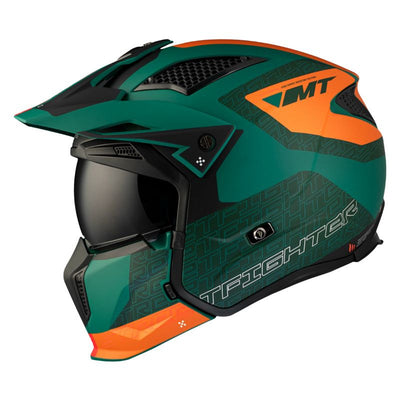 CASQUE TRIAL MT STREETFIGHTER SV TOTEM C6 VERT/ORANGE MAT  SIMPLE ECRAN DARK TRANSFORMABLE AVEC MENTONNIERE AMOVIBLE
