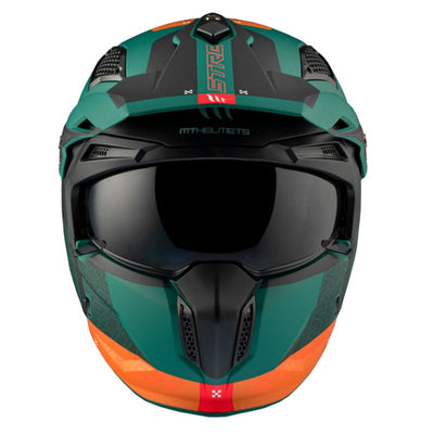 CASQUE TRIAL MT STREETFIGHTER SV TOTEM C6 VERT/ORANGE MAT  SIMPLE ECRAN DARK TRANSFORMABLE AVEC MENTONNIERE AMOVIBLE