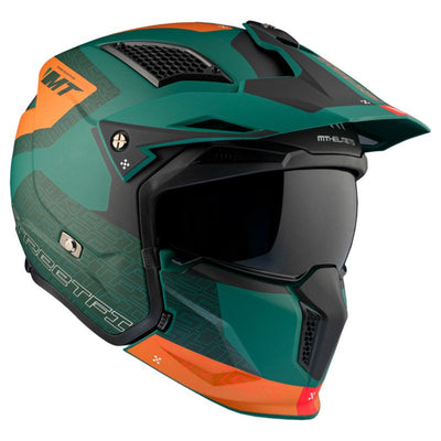 CASQUE TRIAL MT STREETFIGHTER SV TOTEM C6 VERT/ORANGE MAT  SIMPLE ECRAN DARK TRANSFORMABLE AVEC MENTONNIERE AMOVIBLE