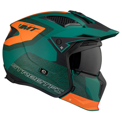CASQUE TRIAL MT STREETFIGHTER SV TOTEM C6 VERT/ORANGE MAT  SIMPLE ECRAN DARK TRANSFORMABLE AVEC MENTONNIERE AMOVIBLE